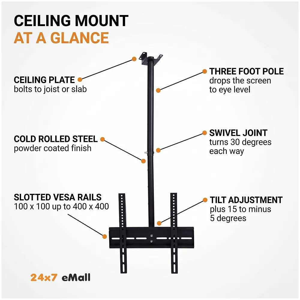 3 feet, Heavy Duty Full Motion Cantilever Tilt Swivel Ceiling Mount Bracket for 26" inch to 55” LED, LCD and Plasma TV for VESA sizes 100 x 100 upto 400 x 400 mm (Ceiling Swivel 26''- 55'')