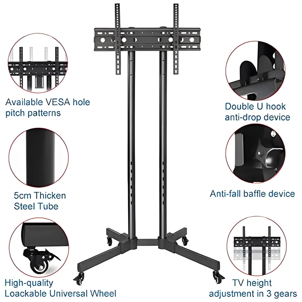 tv Trolley Stand Mount Bracket with Wheels for 32-55 inch tv moveable Height Adjustable Tilt Adjust Tv for Homes and Commercial max Vesa 600mm x 400mm - 2