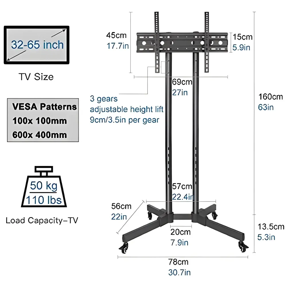 tv Trolley Stand Mount Bracket with Wheels for 32-55 inch tv moveable Height Adjustable Tilt Adjust Tv for Homes and Commercial max Vesa 600mm x 400mm - 4