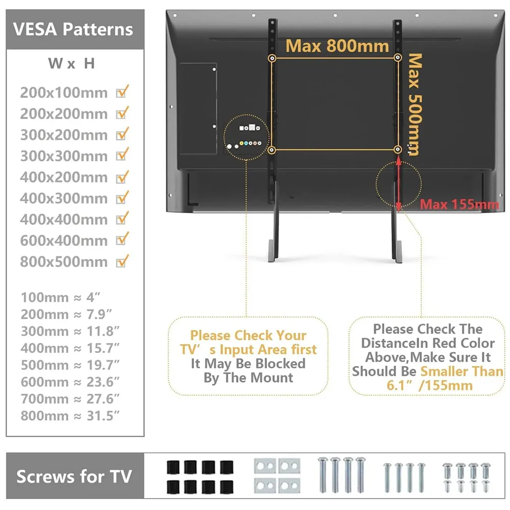 Universal Table Top TV Stand for Most 27 30 32 37 40 43 47 50 55 60 65 Inch Plasma LCD LED Flat or Curved Screen TVs with Height Adjustment, VESA Patterns up to 800x400 mm - 5