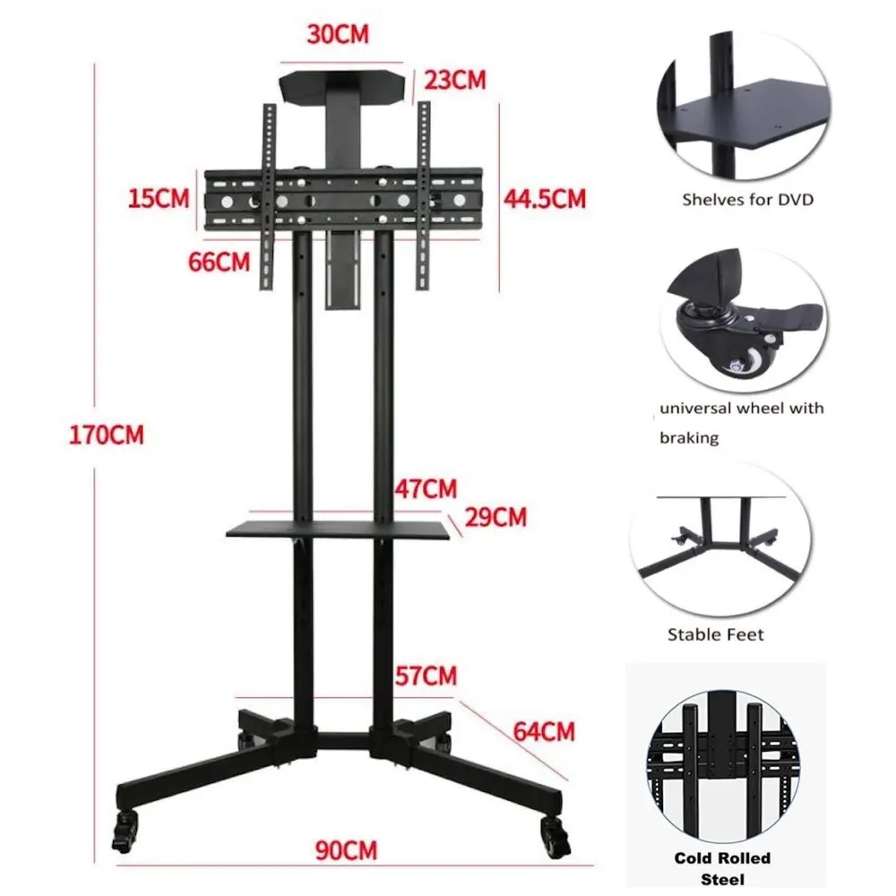 Premium Heavy Duty Full Motion Swivel Floor Stand TV Trolley with Brackets for 32" inch to 75” LED, LCD and Plasma TV for VESA Sizes 100 x 100 Upto 600 x 400 mm (Trolley 1500 2 Shelves) - 2