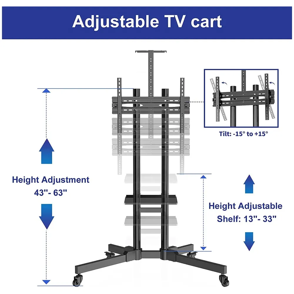 Premium Heavy Duty Full Motion Swivel Floor Stand TV Trolley with Brackets for 32" inch to 75” LED, LCD and Plasma TV for VESA Sizes 100 x 100 Upto 600 x 400 mm (Trolley 1500 2 Shelves) - 3