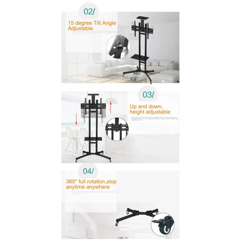 Premium Heavy Duty Full Motion Swivel Floor Stand TV Trolley with Brackets for 32" inch to 75” LED, LCD and Plasma TV for VESA Sizes 100 x 100 Upto 600 x 400 mm (Trolley 1500 2 Shelves) - 5