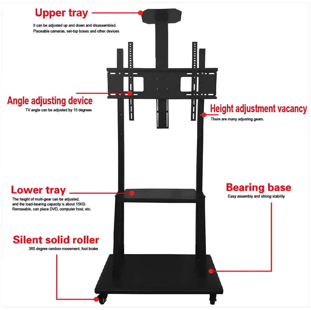 Premium Heavy Duty Full Motion Swivel Floor Stand TV Trolley with Brackets for 32" inch to 75” LED, LCD for VESA Sizes 100 x 100 Upto 600 x 400 mm (Tv Trolley 3 Shelves) - 2