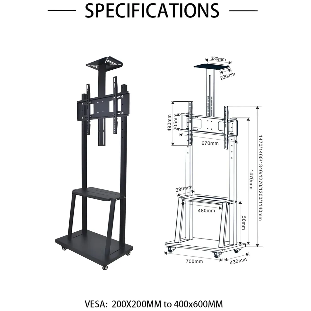 Premium Heavy Duty Full Motion Swivel Floor Stand TV Trolley with Brackets for 32" inch to 75” LED, LCD for VESA Sizes 100 x 100 Upto 600 x 400 mm (Tv Trolley 3 Shelves) - 3