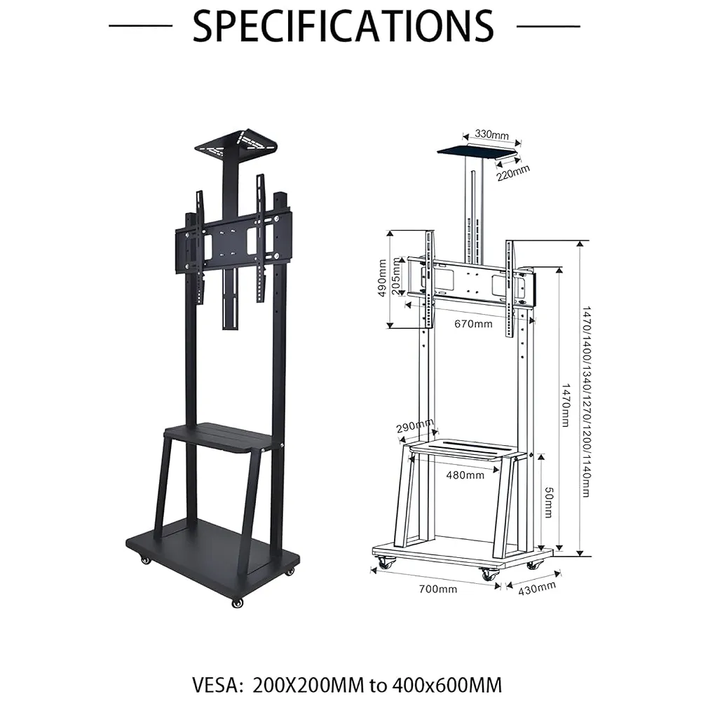 Premium Heavy Duty Full Motion Swivel Floor Stand TV Trolley with Brackets for 32" inch to 75” LED, LCD for VESA Sizes 100 x 100 Upto 600 x 400 mm (Tv Trolley 3 Shelves) (Premium)