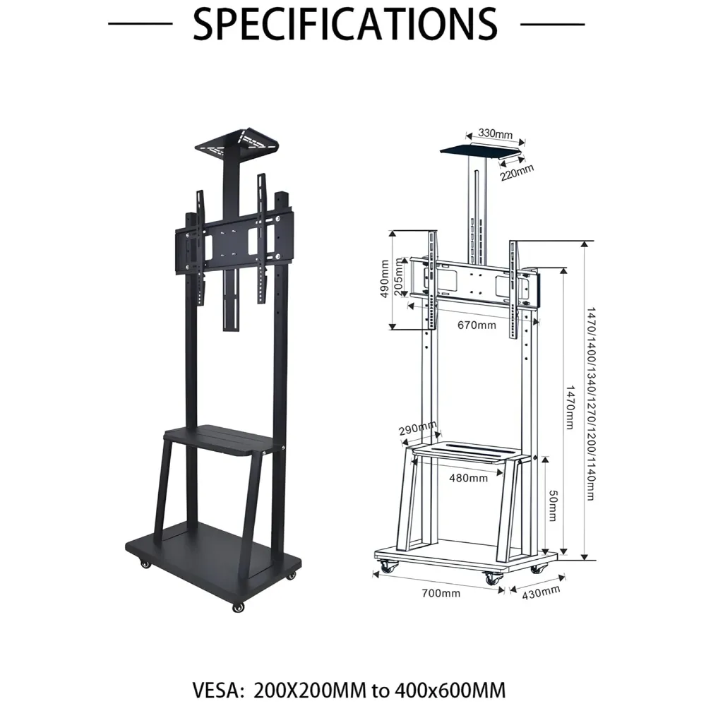 Premium Heavy Duty Full Motion Swivel Floor Stand TV Trolley with Brackets for 32" inch to 75” LED, LCD for VESA Sizes 100 x 100 Upto 600 x 400 mm (Tv Trolley 3 Shelves)