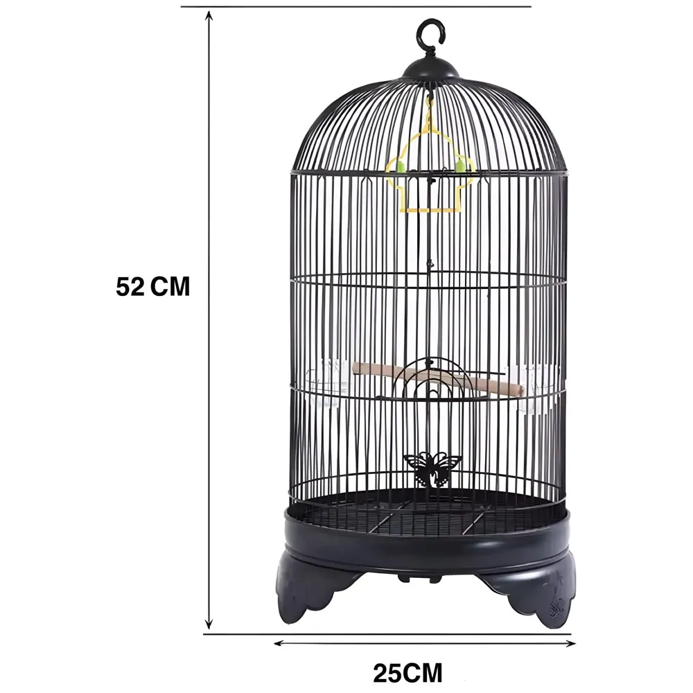 Bird Cage Black, Iron, Round, Metal Bird Cage, House Parrot, Myna, Metal Cage, Easy to Clean, Large Moving Space, Size Regular (52 x 25 CM)