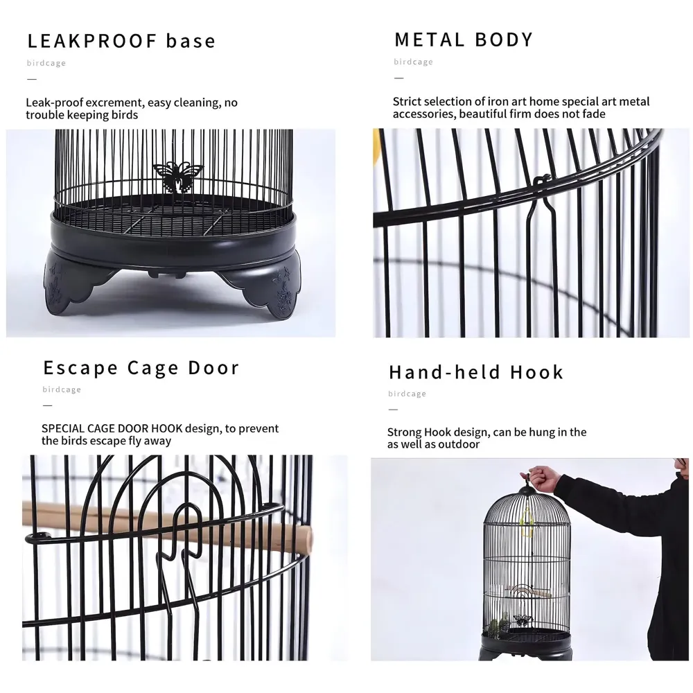Bird Cage Black, Iron, Round, Metal Bird Cage, House Parrot, Myna, Metal Cage, Easy to Clean, Large Moving Space, Size Regular (52 x 25 CM)