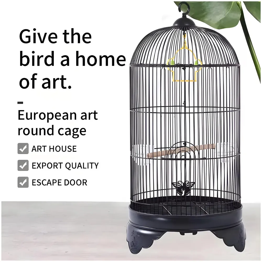 Bird Cage Black, Iron, Round, Metal Bird Cage, House Parrot, Myna, Metal Cage, Easy to Clean, Large Moving Space, Size (Large (60 x 35 CM))