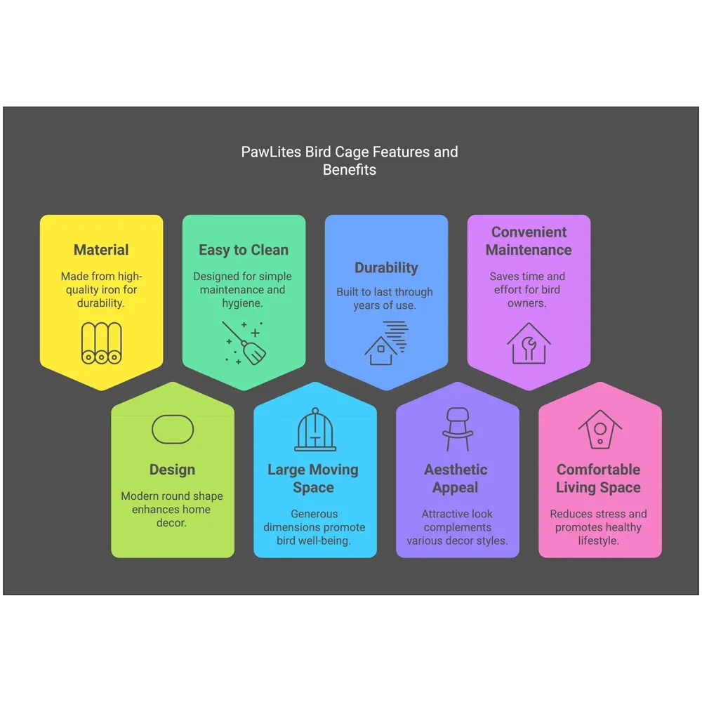 Bird Cage Black, Iron, Round, Metal Bird Cage, House Parrot, Myna, Metal Cage, Easy to Clean, Large Moving Space, Size (Large (60 x 35 CM))