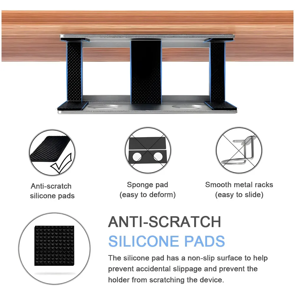 Under Desk Laptop Holder Wall Mount Holder for Laptops, Carbon Steel, Scratch Resistant Strips, Adjustable Mounts Use Slide In And Slide Out Design. Device Thickness Should Not exceed 35mm.
