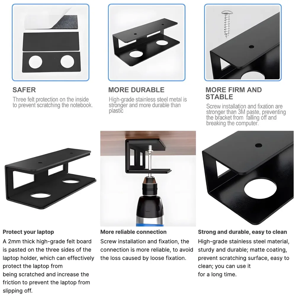 Under Desk Laptop Holder Wall Mount Holder for Laptops, Carbon Steel, Scratch Resistant Strips, Adjustable Mounts Use Slide In And Slide Out Design. Device Thickness Should Not exceed 35mm.