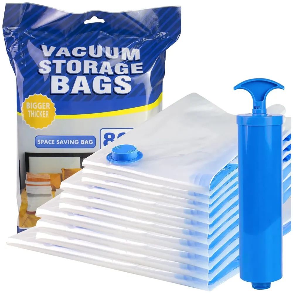 Vacuum Storage Bags with Hand Pump, Set of 5 (1 Jumbo, 2 Large, 2 Medium), Reusable Space Saver, Airtight Ziplock Compression for Travel, Clothing, Comforters, Blankets and Bedding.