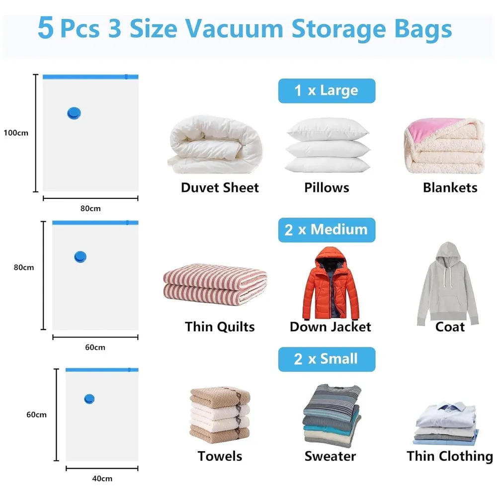 Vacuum Storage Bags with Hand Pump, Set of 5 (1 Jumbo, 2 Large, 2 Medium), Reusable Space Saver, Airtight Ziplock Compression for Travel, Clothing, Comforters, Blankets and Bedding.