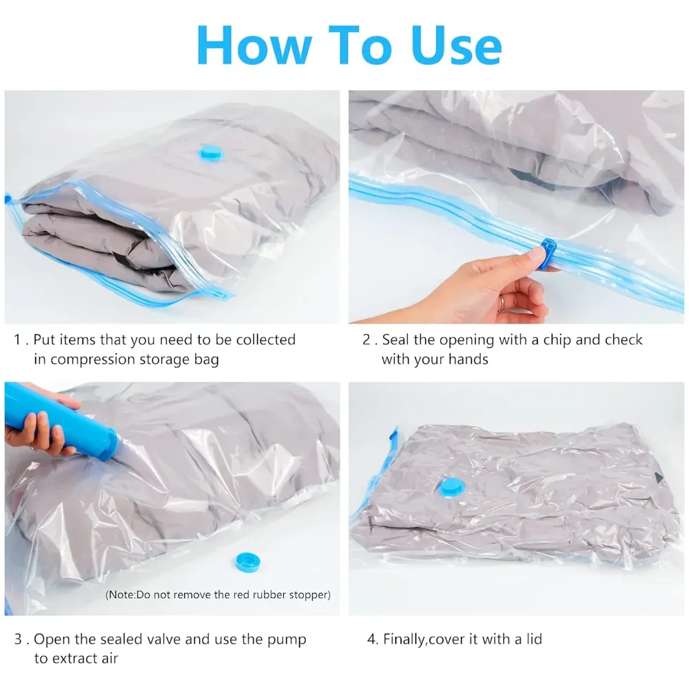 Vacuum Storage Bags with Hand Pump, Set of 5 (1 Jumbo, 2 Large, 2 Medium), Reusable Space Saver, Airtight Ziplock Compression for Travel, Clothing, Comforters, Blankets and Bedding.