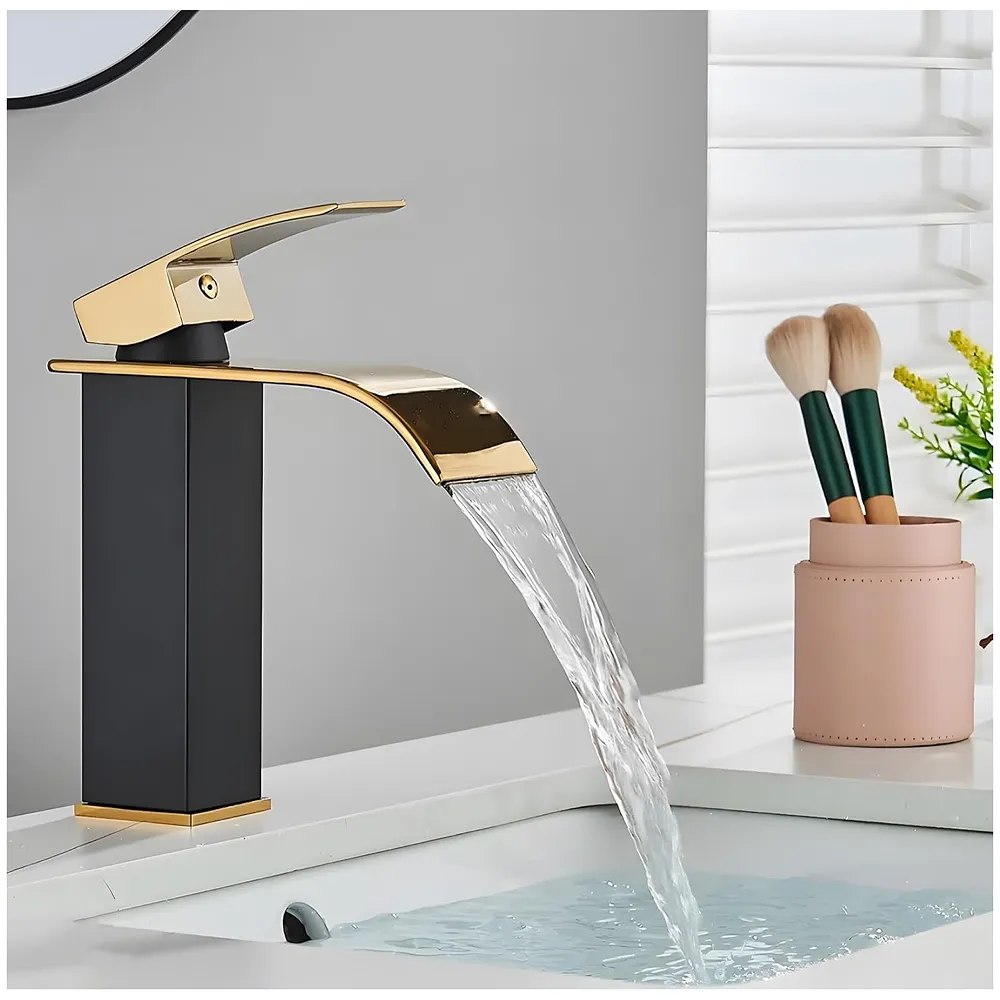 Black Gold Small Waterfall Faucet Single Lever Basin Mixer Waterfall Short Black, SS Material, for Bathroom Washbasins Toilets 7 Inches Height.