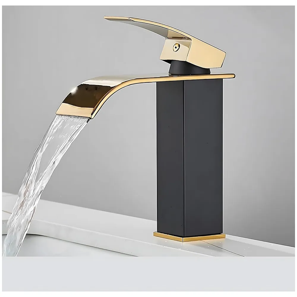 Black Gold Small Waterfall Faucet Single Lever Basin Mixer Waterfall Short Black, SS Material, for Bathroom Washbasins Toilets 7 Inches Height.