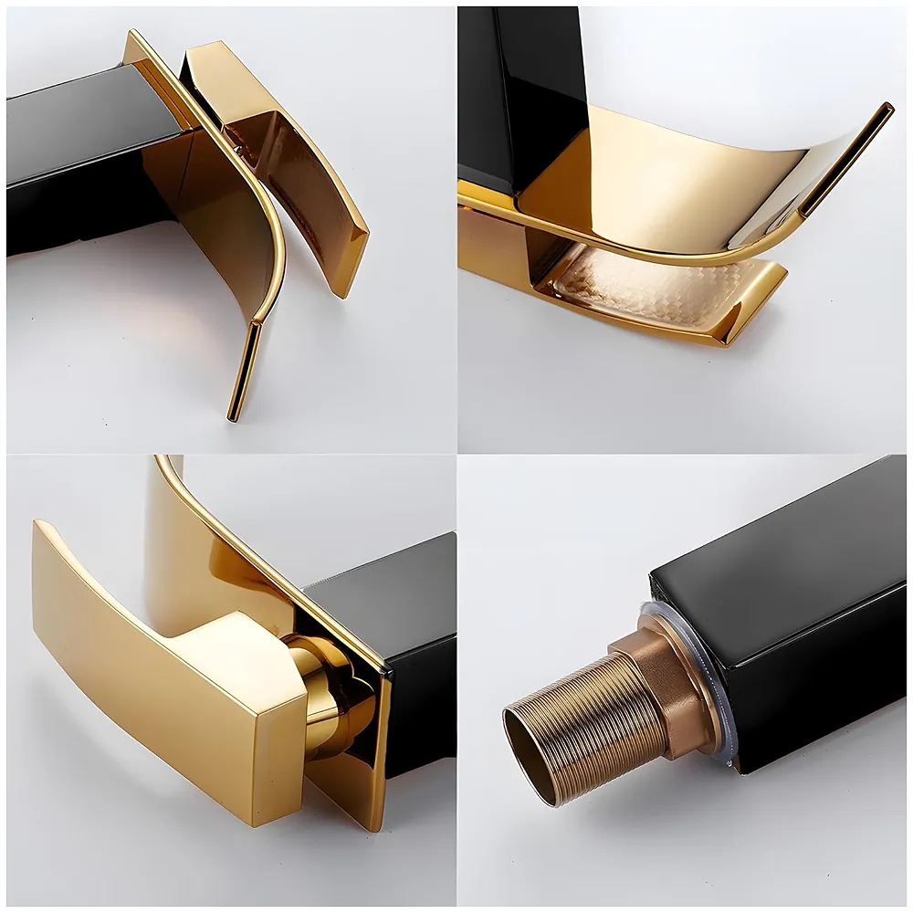 Black Gold Small Waterfall Faucet Single Lever Basin Mixer Waterfall Short Black, SS Material, for Bathroom Washbasins Toilets 7 Inches Height.