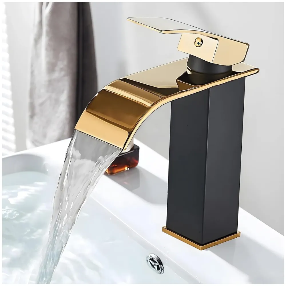 Black Gold Small Waterfall Faucet Single Lever Basin Mixer Waterfall Short Black, SS Material, for Bathroom Washbasins Toilets 7 Inches Height.
