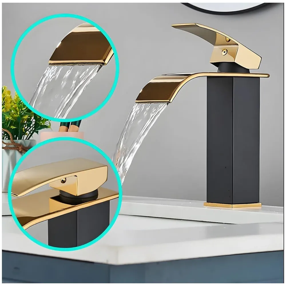 Black Gold Small Waterfall Faucet Single Lever Basin Mixer Waterfall Short Black, SS Material, for Bathroom Washbasins Toilets 7 Inches Height. - 2