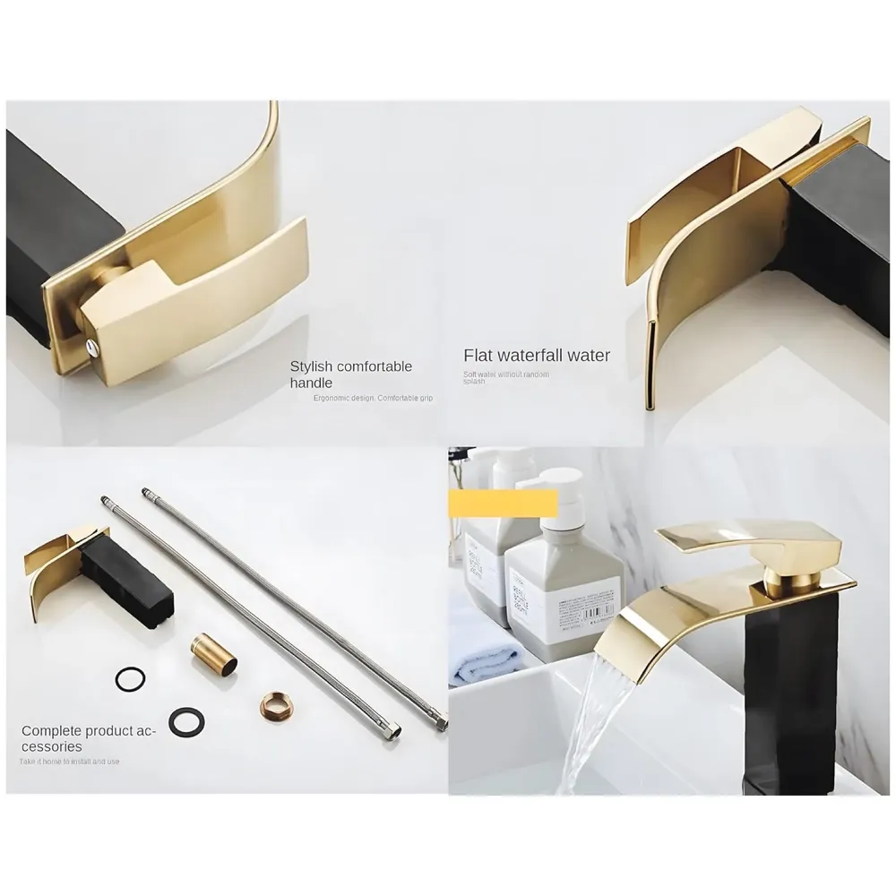 Black Gold Small Waterfall Faucet Single Lever Basin Mixer Waterfall Short Black, SS Material, for Bathroom Washbasins Toilets 7 Inches Height. - 3