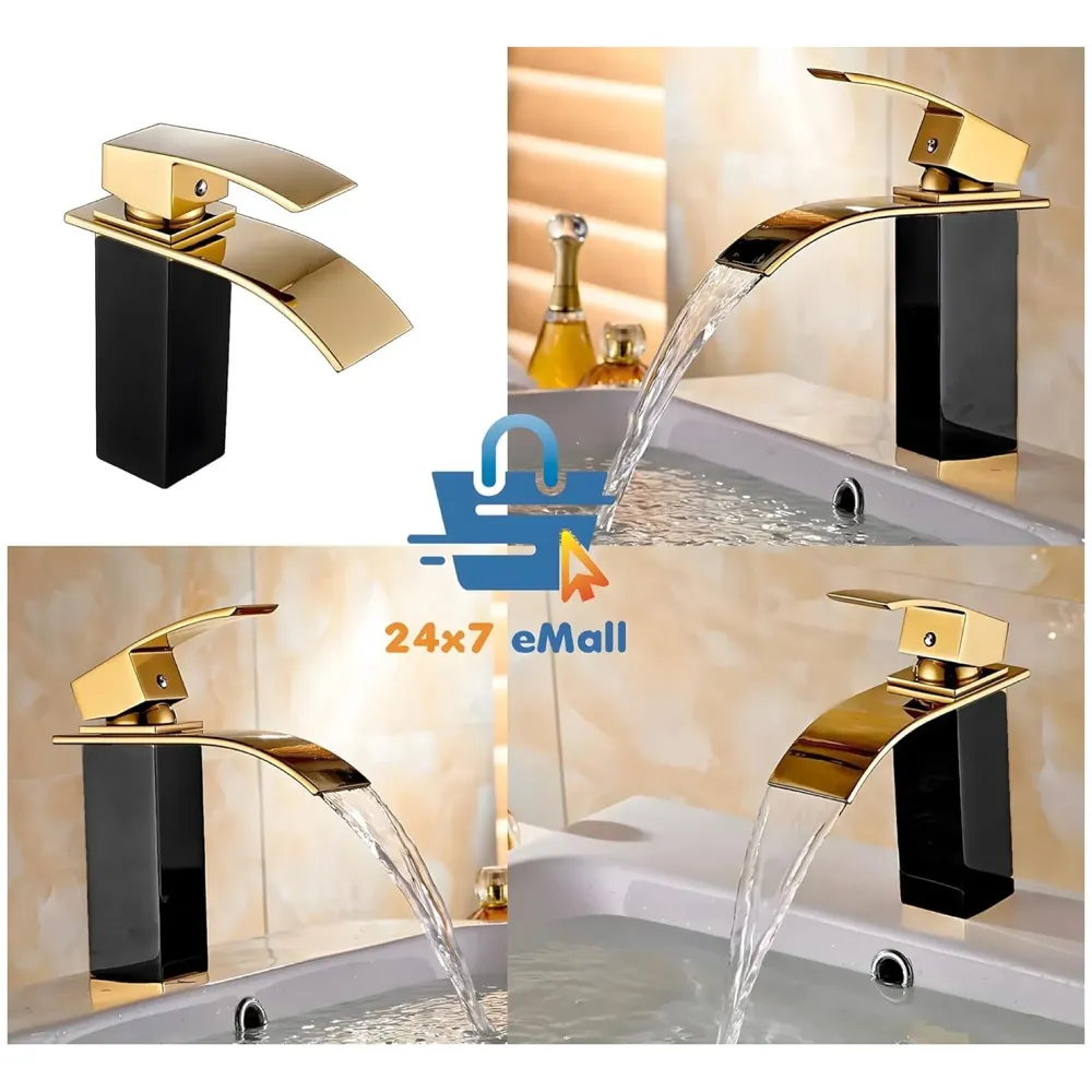 Black Gold Small Waterfall Faucet Single Lever Basin Mixer Waterfall Short Black, SS Material, for Bathroom Washbasins Toilets 7 Inches Height. - 7