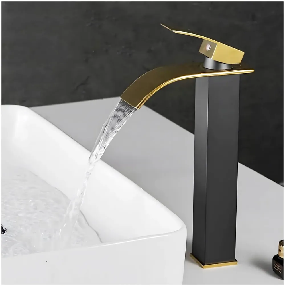 Black Gold Tall Waterfall Faucet Waterfall Single Lever Basin Mixer Waterfall Tall Black, SS Material, for Bathroom Washbasins Toilets 12 Inches Height