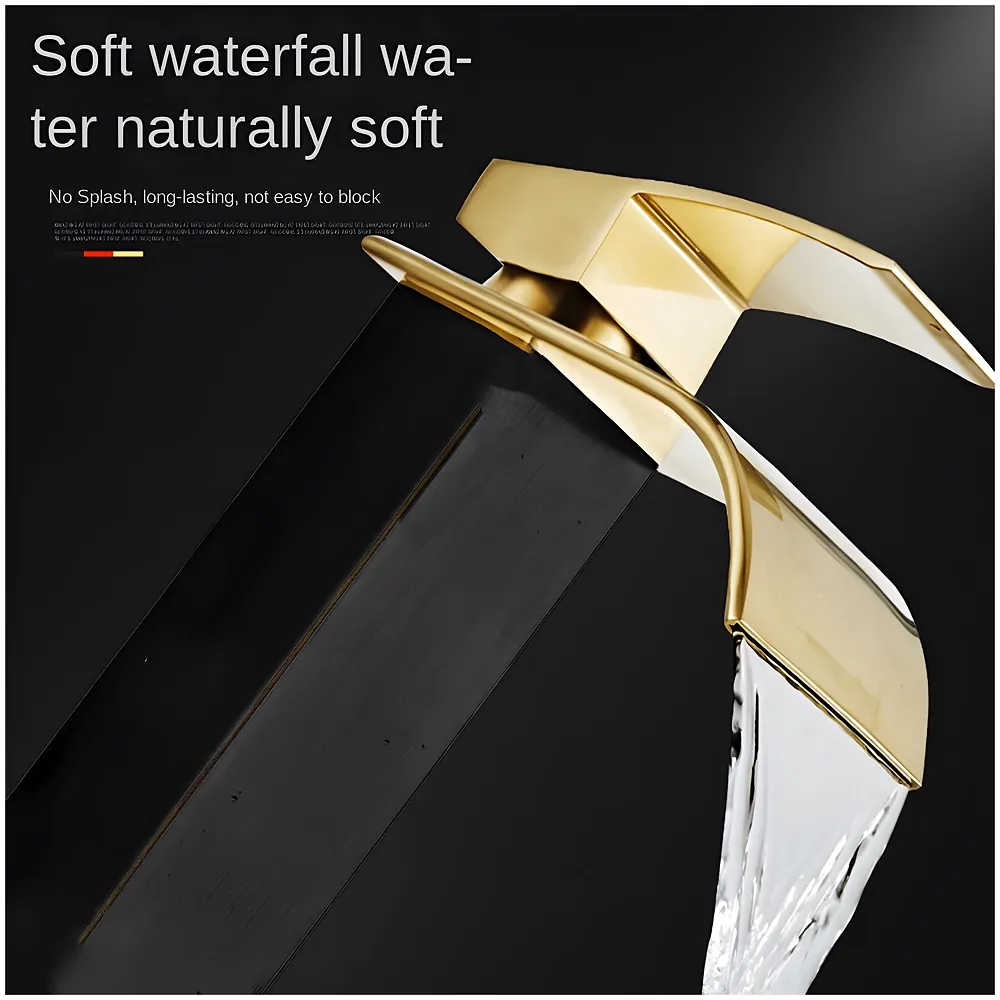 Black Gold Tall Waterfall Faucet Waterfall Single Lever Basin Mixer Waterfall Tall Black, SS Material, for Bathroom Washbasins Toilets 12 Inches Height