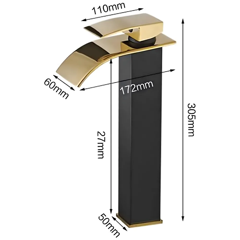 Black Gold Tall Waterfall Faucet Waterfall Single Lever Basin Mixer Waterfall Tall Black, SS Material, for Bathroom Washbasins Toilets 12 Inches Height