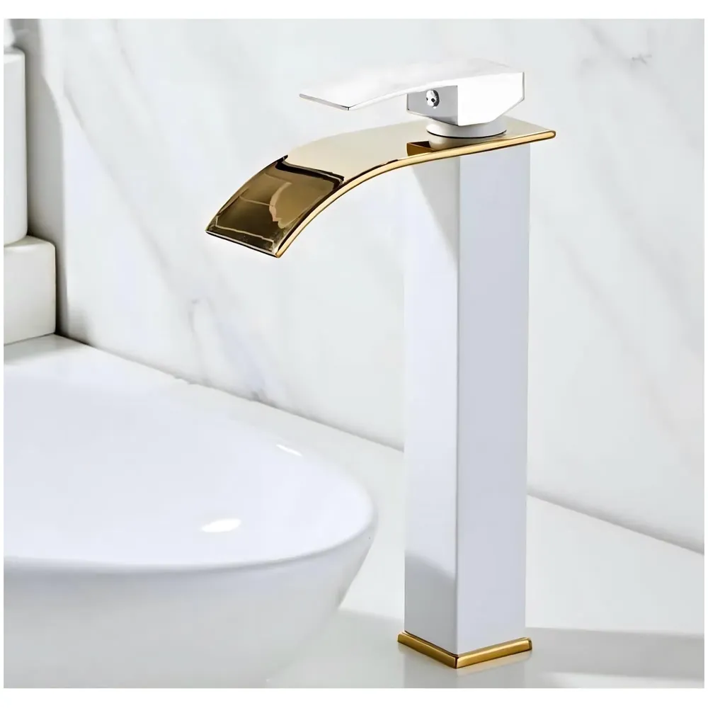 White Gold Tall Waterfall Faucet Waterfall Single Lever Basin Mixer Waterfall Tall Black, SS Material, for Bathroom Washbasins Toilets 12 Inches Height