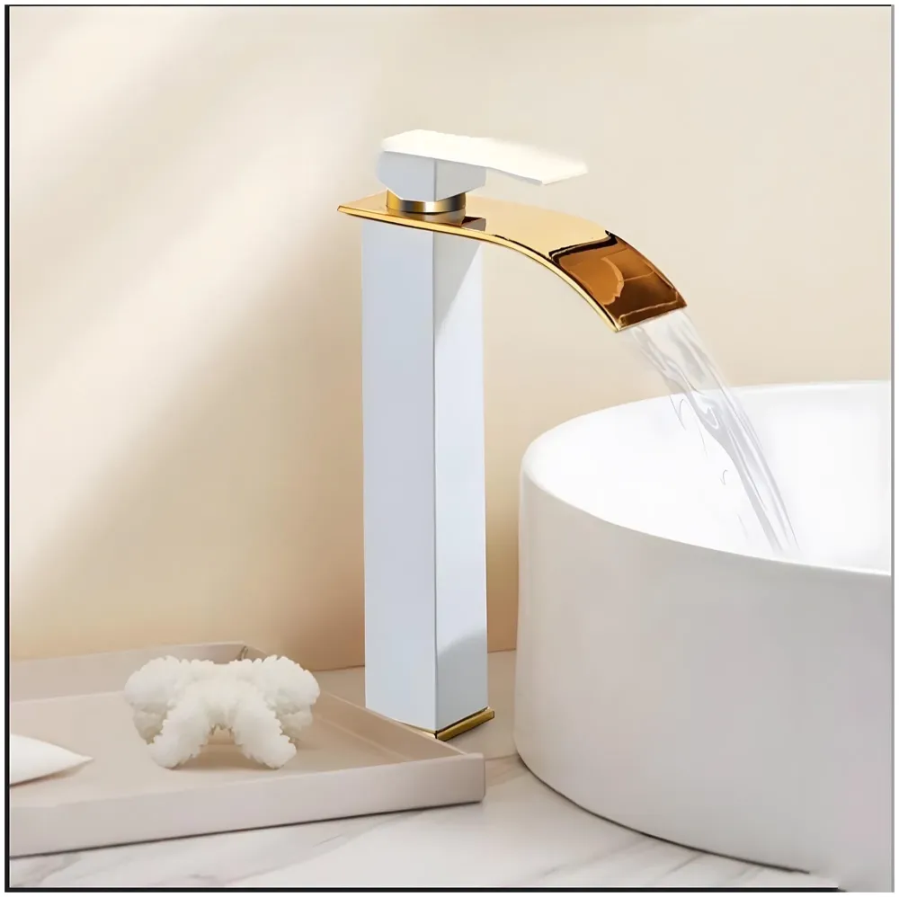 White Gold Tall Waterfall Faucet Waterfall Single Lever Basin Mixer Waterfall Tall Black, SS Material, for Bathroom Washbasins Toilets 12 Inches Height