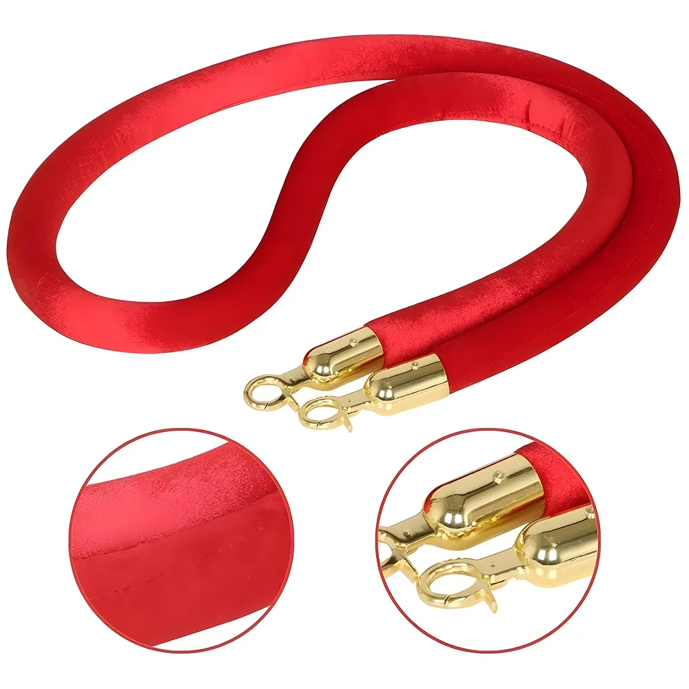 Thick Red Gold Velvet Rope Stanchion Rope, 5-Foot Crowd Control Barriers with Polished Gold Hooks Queue Manager Divider For Clubs Banks Events Partit Premium