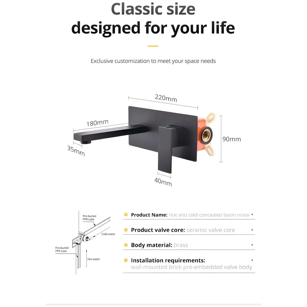 Wall Tap Faucet Black Mixer Hot and Cold Basin Tap Faucet Sink Mixer Black Colour Wall tap Mixer wall Mixer with Concealed Parts