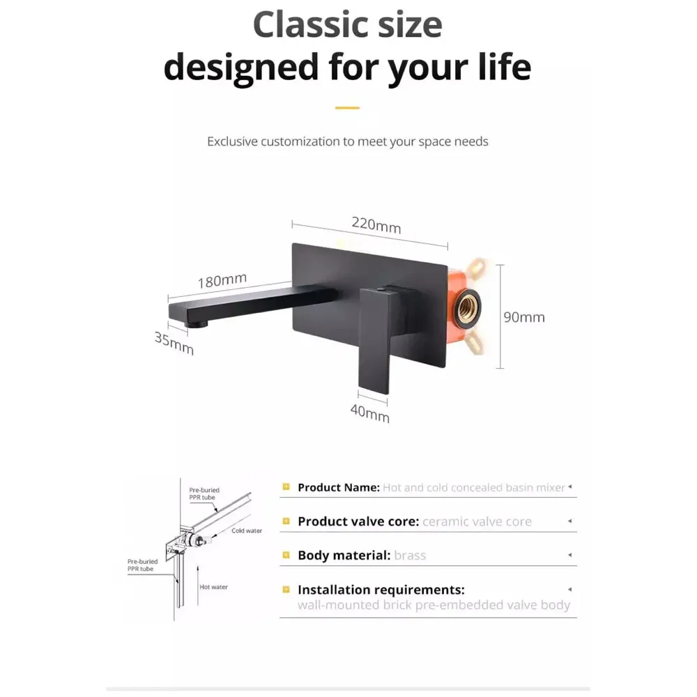 Wall Tap Faucet Black Mixer Hot and Cold Basin Tap Faucet Sink Mixer Black Colour Wall tap Mixer wall Mixer with Concealed Parts