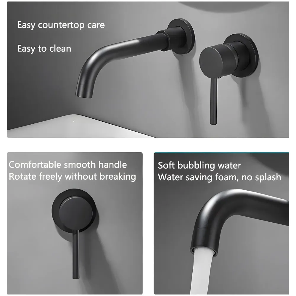 SS Black Mixer Hot and Cold Basin Tap Faucet Basin Mixer Wall Mounted Mixer with Concealed Parts, for Bathroom Wash Basin Matt Black -19.5cm