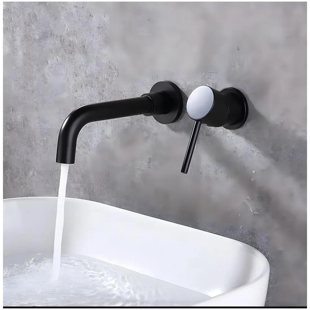SS Black Mixer Hot and Cold Basin Tap Faucet Basin Mixer Wall Mounted Mixer with Concealed Parts, for Bathroom Wash Basin Matt Black -19.5cm