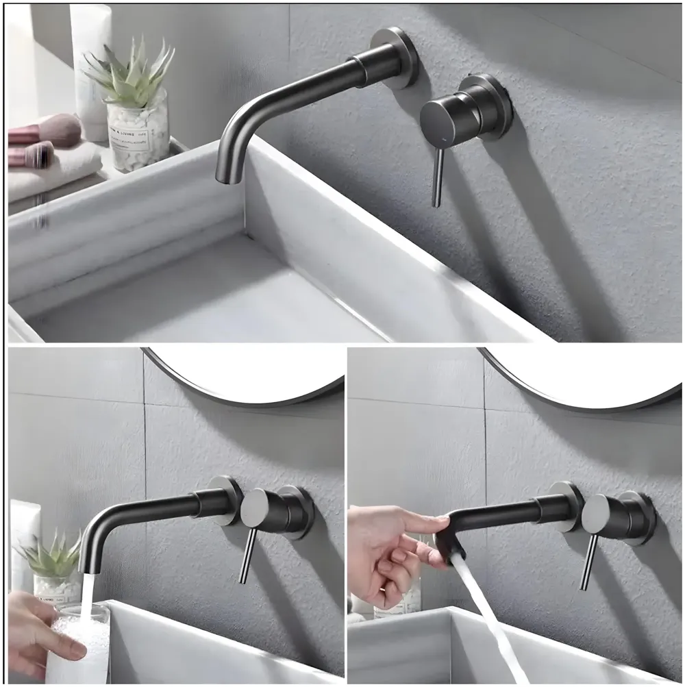Dark Grey Wall Basin Tap Hot and Cold Basin Tap Faucet Basin Mixer Wall Mounted Mixer with Concealed Parts, for Bathroom Wash Basin Matt Grey -19.5cm