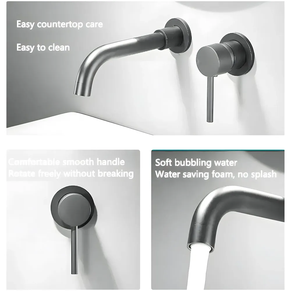 Dark Grey Wall Basin Tap Hot and Cold Basin Tap Faucet Basin Mixer Wall Mounted Mixer with Concealed Parts, for Bathroom Wash Basin Matt Grey -19.5cm