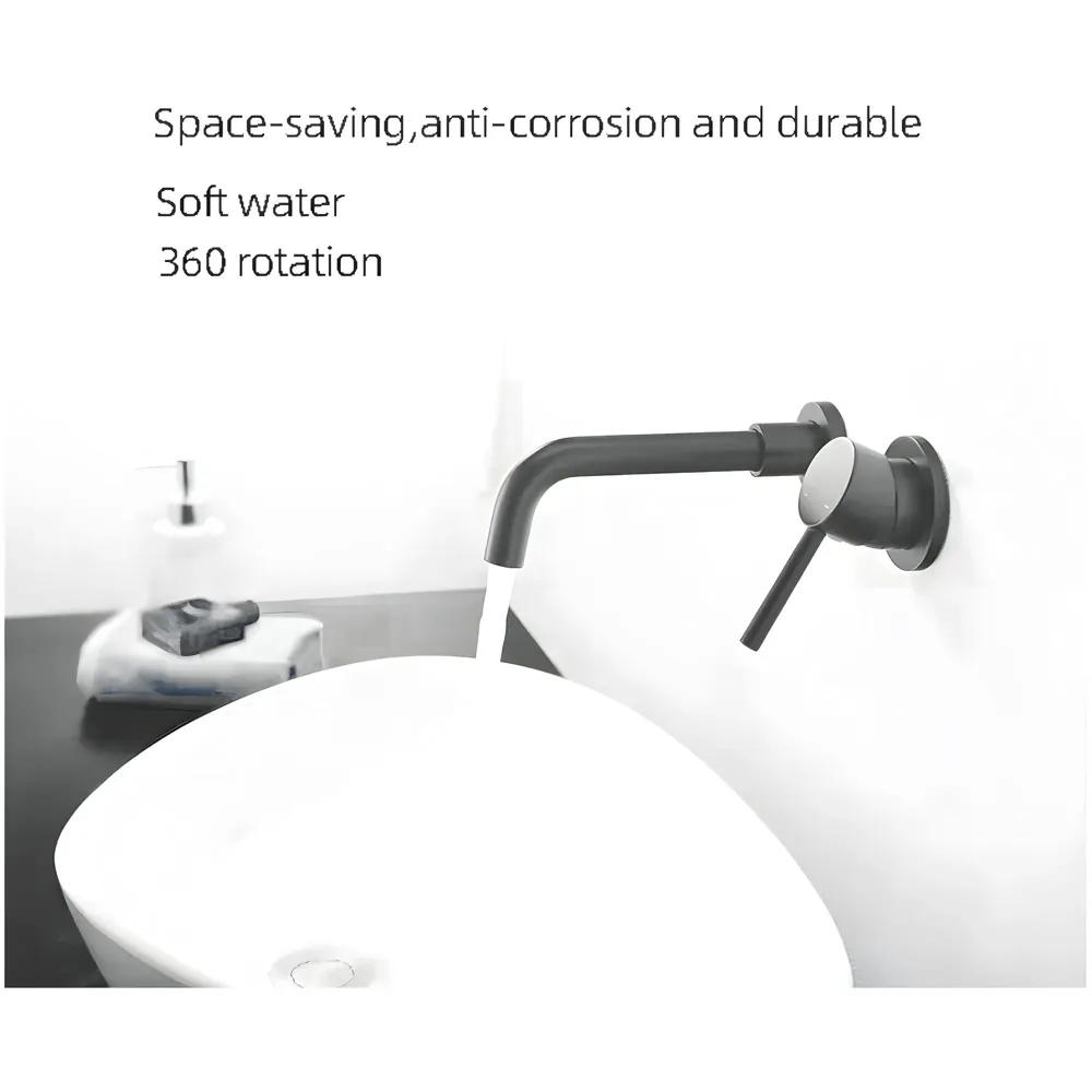 Dark Grey Wall Basin Tap Hot and Cold Basin Tap Faucet Basin Mixer Wall Mounted Mixer with Concealed Parts, for Bathroom Wash Basin Matt Grey -19.5cm