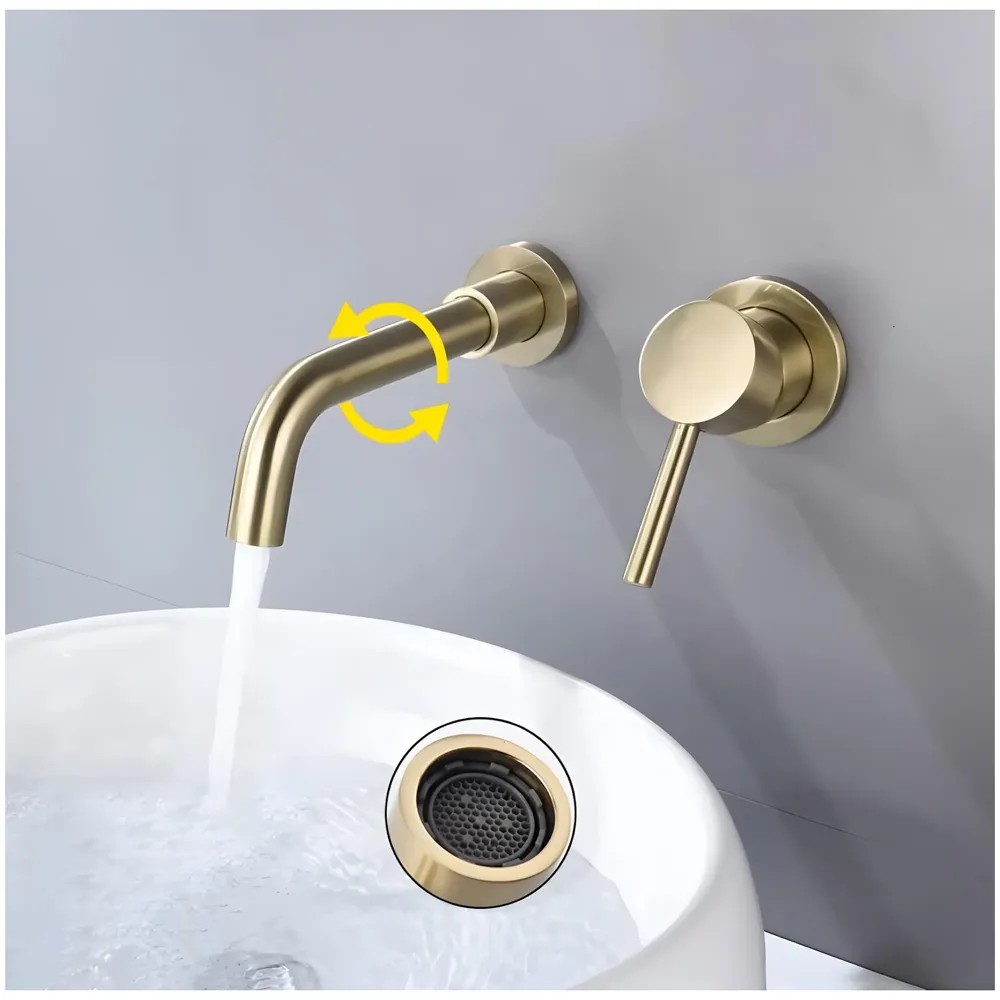 SS Gold Wall Mixer Hot and Cold Basin Tap Faucet Basin Mixer Wall Mounted Mixer with Concealed Parts, for Bathroom Wash Basin -19.5cm