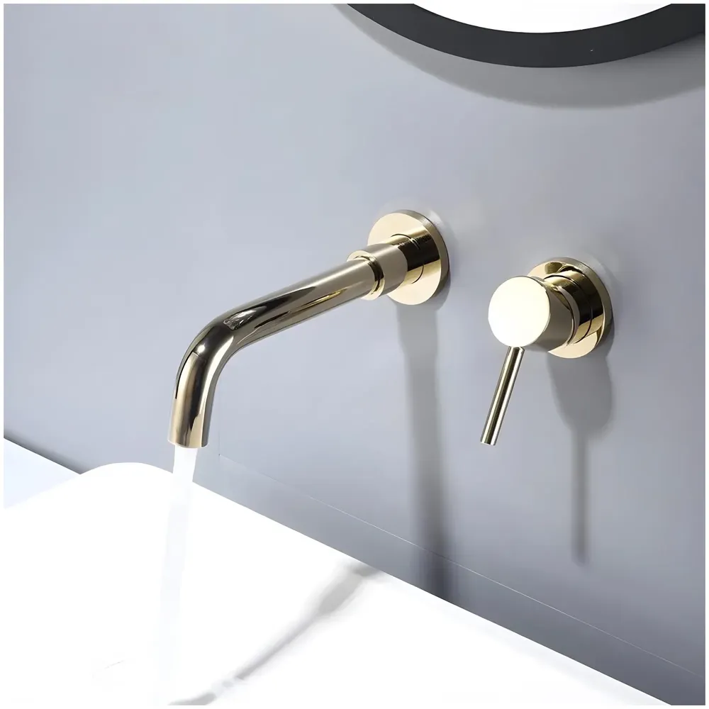 SS Gold Wall Mixer Hot and Cold Basin Tap Faucet Basin Mixer Wall Mounted Mixer with Concealed Parts, for Bathroom Wash Basin -19.5cm
