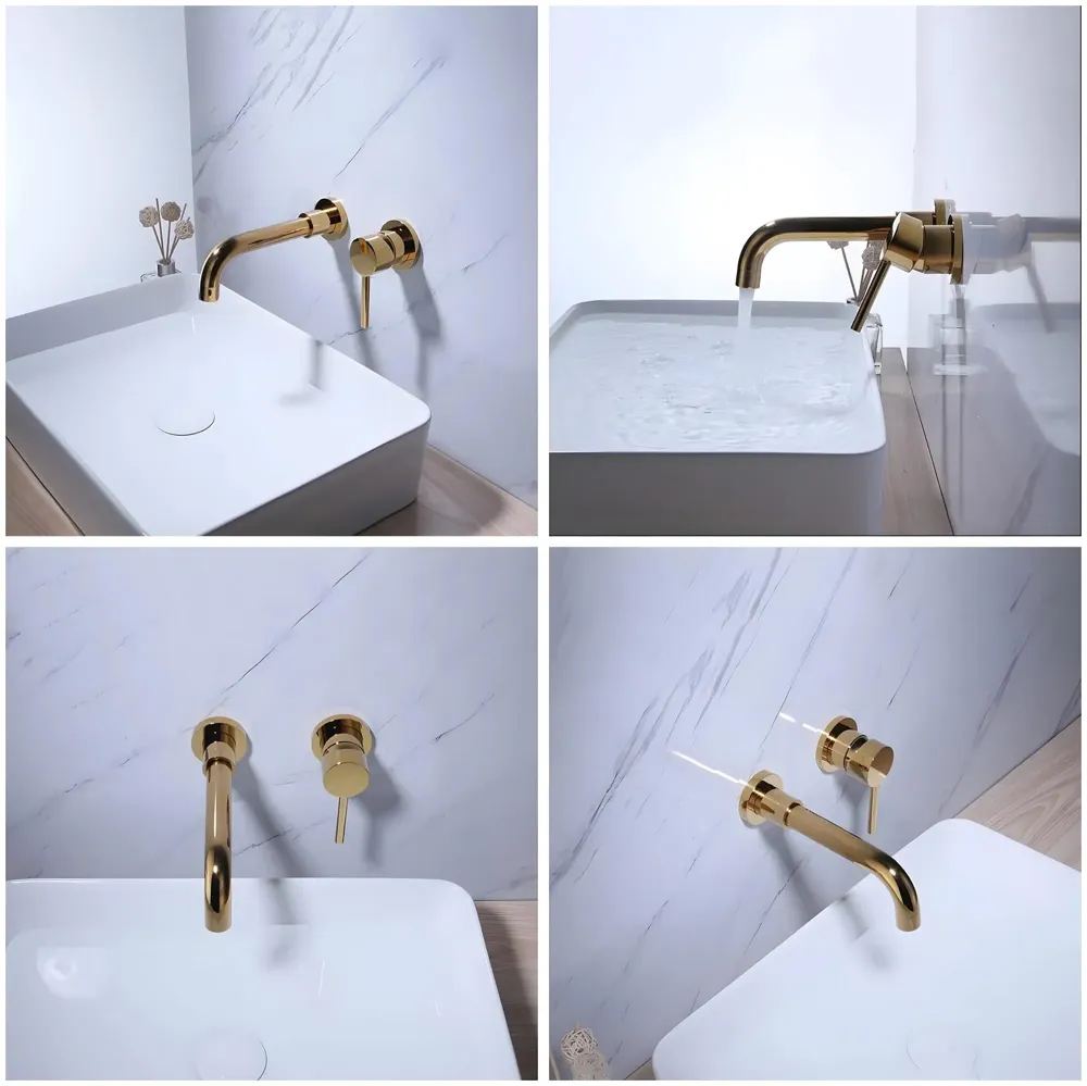 SS Gold Wall Mixer Hot and Cold Basin Tap Faucet Basin Mixer Wall Mounted Mixer with Concealed Parts, for Bathroom Wash Basin -19.5cm