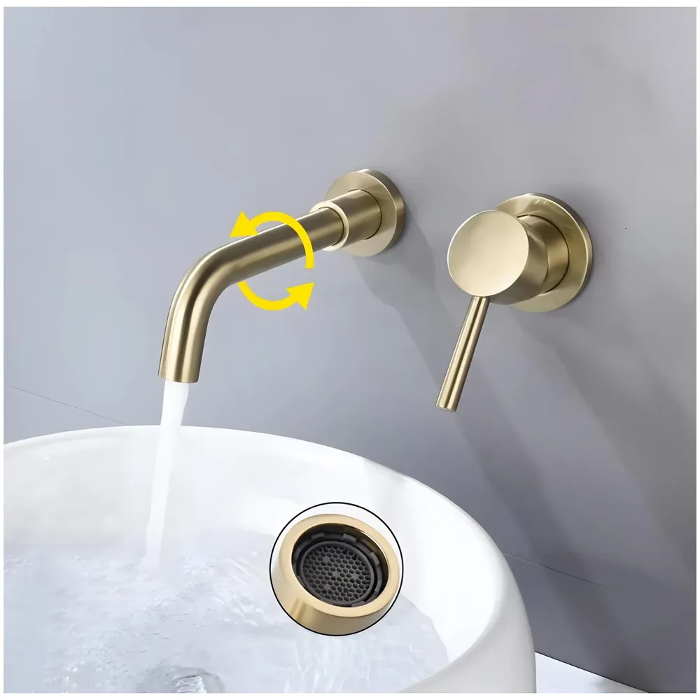 SS Gold Wall Mixer Hot and Cold Basin Tap Faucet Basin Mixer Wall Mounted Mixer with Concealed Parts, for Bathroom Wash Basin -19.5cm