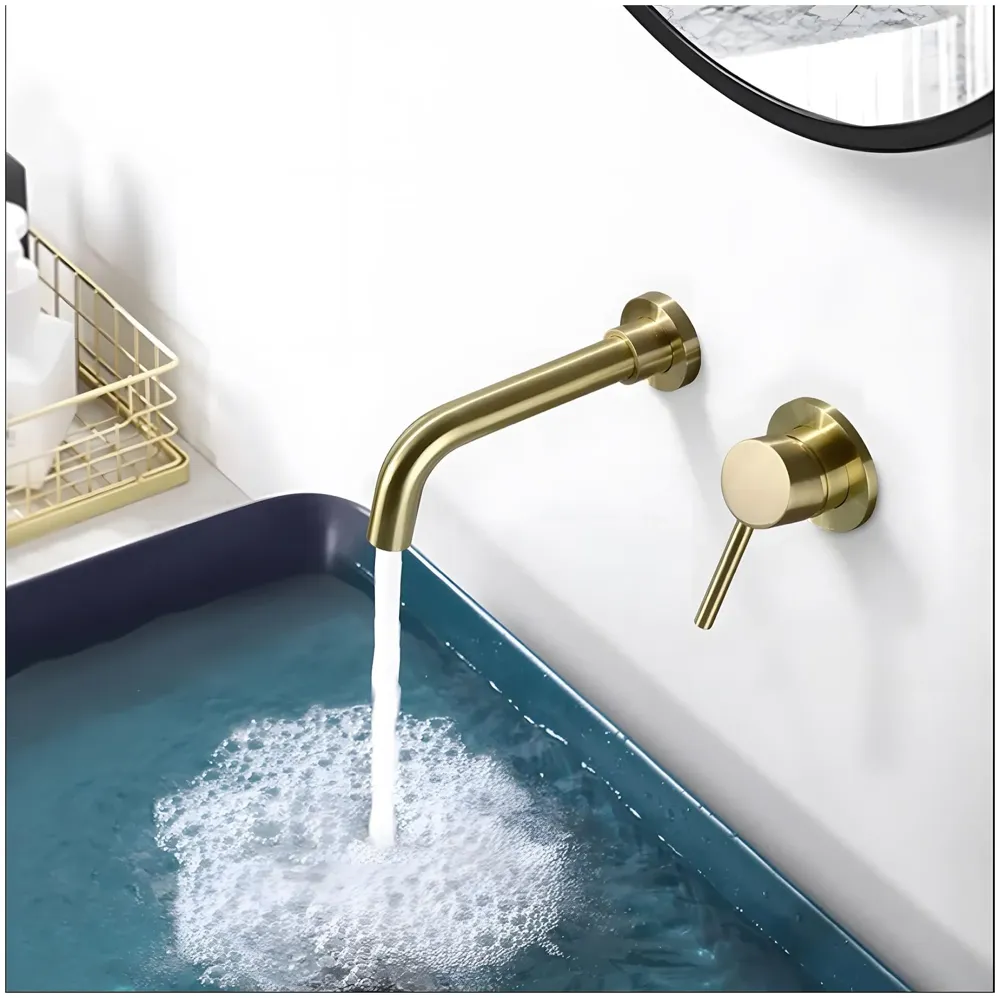 SS Gold Wall Mixer Hot and Cold Basin Tap Faucet Basin Mixer Wall Mounted Mixer with Concealed Parts, for Bathroom Wash Basin -19.5cm