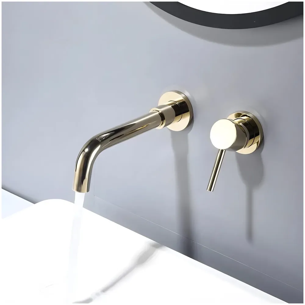SS Gold Wall Mixer Hot and Cold Basin Tap Faucet Basin Mixer Wall Mounted Mixer with Concealed Parts, for Bathroom Wash Basin -19.5cm