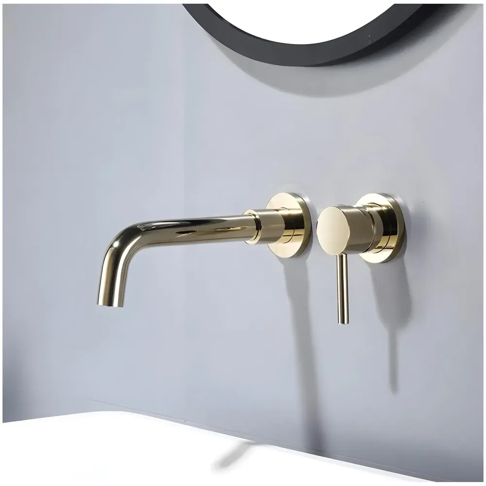 SS Gold Wall Mixer Hot and Cold Basin Tap Faucet Basin Mixer Wall Mounted Mixer with Concealed Parts, for Bathroom Wash Basin -19.5cm