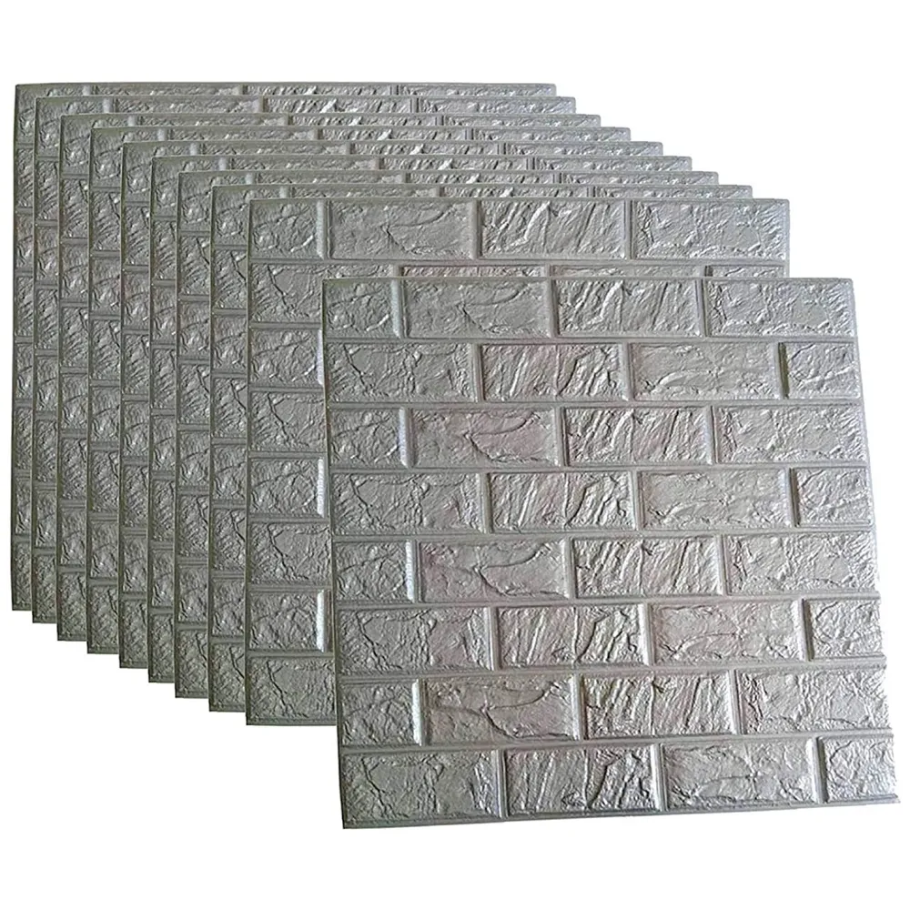 Grey Foam Wall Paper, 3D Brick Wall Stickers Self-Adhesive Panel Decal PE Wallpaper - Peel and Stick Wall Panels, 5.8 Sqft
