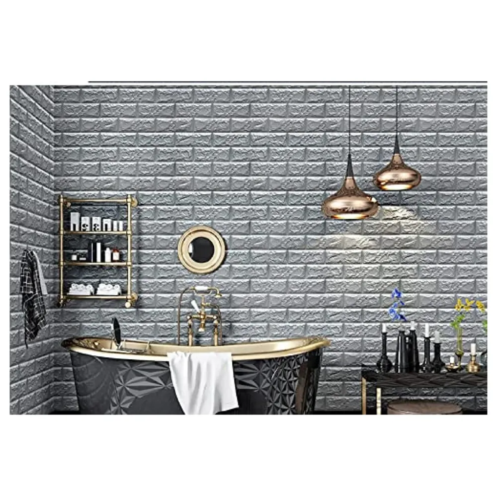 Grey Foam Wall Paper, 3D Brick Wall Stickers Self-Adhesive Panel Decal PE Wallpaper - Peel and Stick Wall Panels, 5.8 Sqft - 2