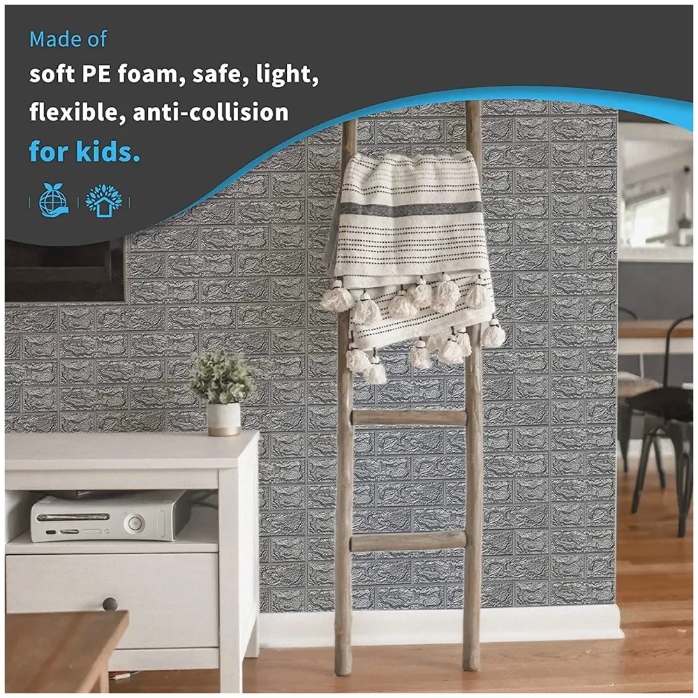 Grey Foam Wall Paper, 3D Brick Wall Stickers Self-Adhesive Panel Decal PE Wallpaper - Peel and Stick Wall Panels, 5.8 Sqft - 3